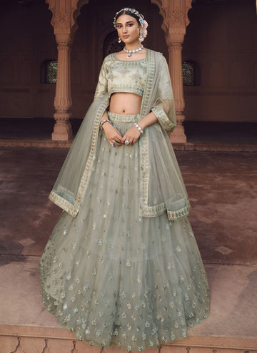 Soft Net Embroidery Work Grey Lehenga Choli For Wedding